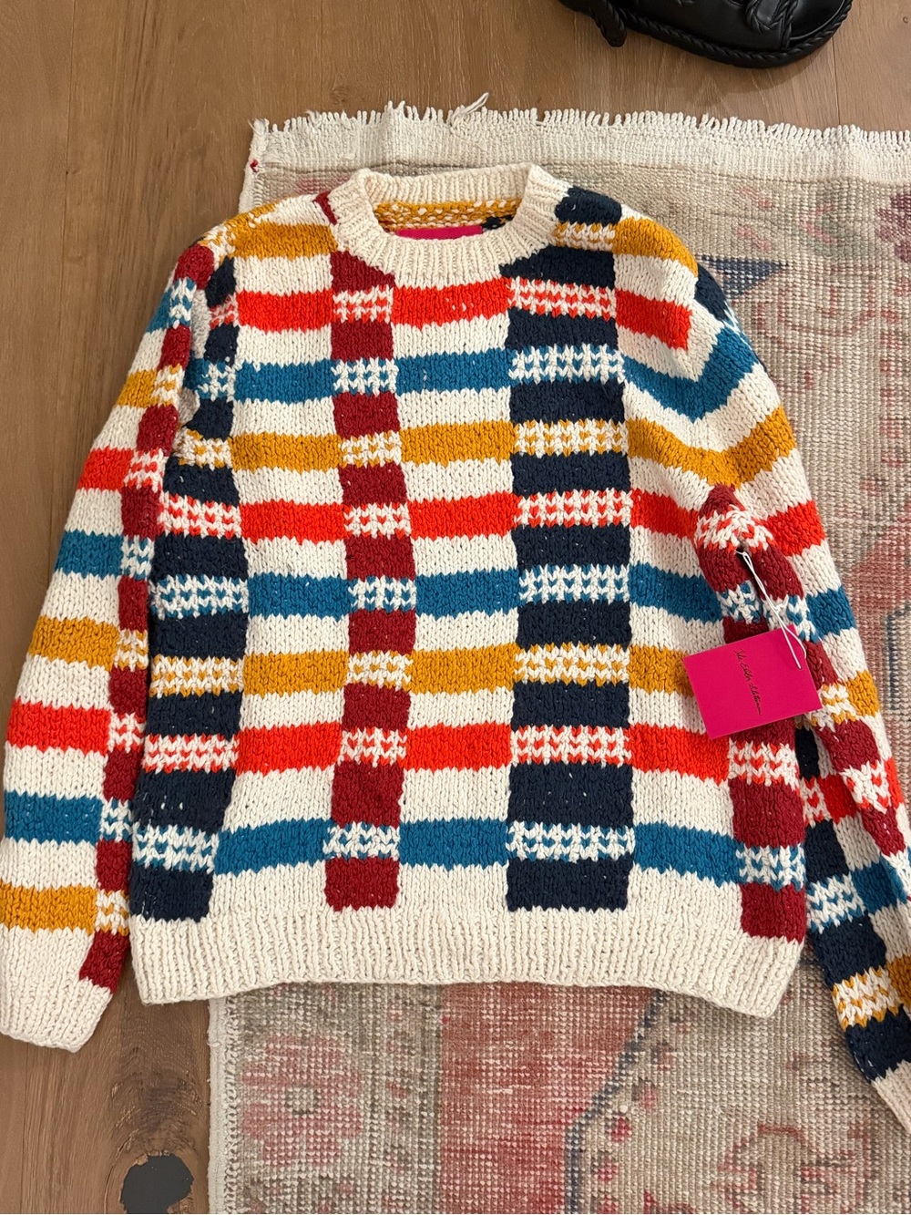 Elder Statesmen Checker Knit Sweater - Cream Base with Red, Blue, Mustard & Navy